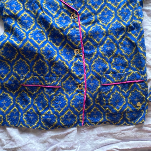 Juicy Couture tuxedo style blue and gold flannel pajama set w/ pink piping Small - Picture 6 of 16